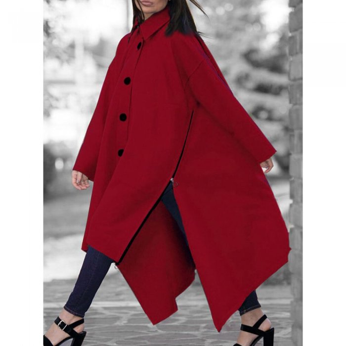 Solid Color Long Sleeve Lapel Collar Asymmetrical Coat For Women