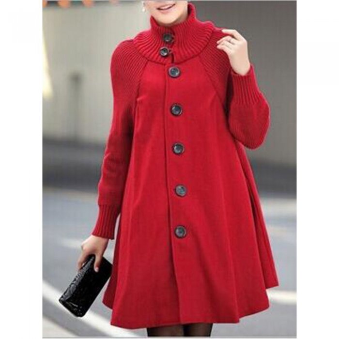 Solid Color Long Sleeve High Neck Patchwork Coat For Women