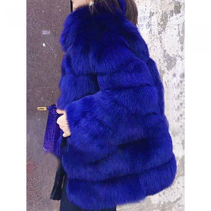 Faux Fur Solid Color Long Sleeve Stand Collar Coat For Women