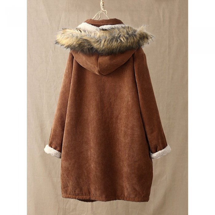 Corduroy Solid Color Plush Hooded Long Sleeve Coat