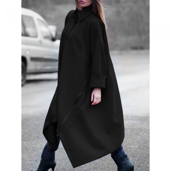 Solid Color Long Sleeve Lapel Collar Asymmetrical Coat For Women