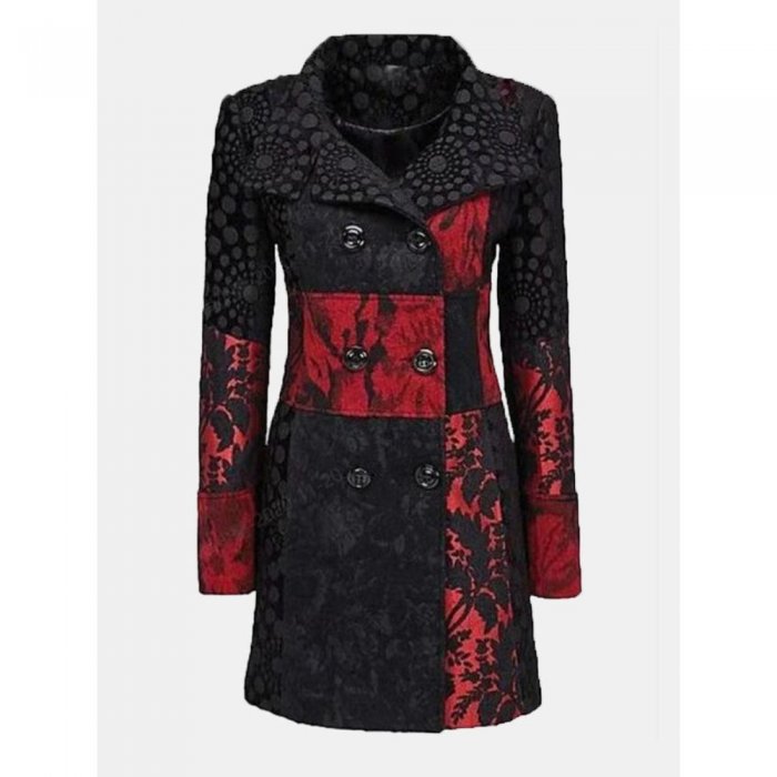 Women Vintage Button Patchwork Lapel Collar Long Sleeve Coat