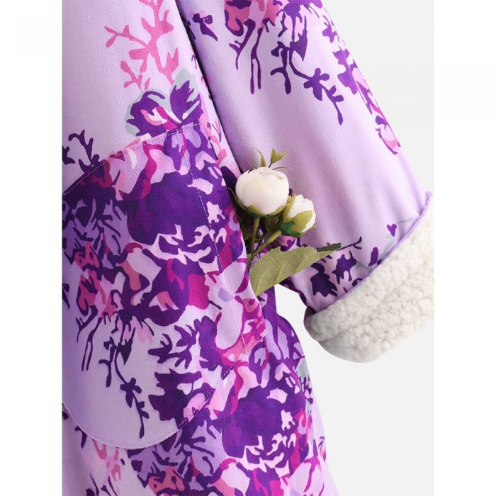 Thick Floral Print Long Sleeve Hooded Coat For Women