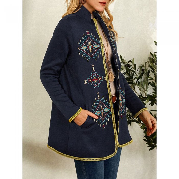 Vintage Embroidery Long Sleeve Stand Collar Coat For Women