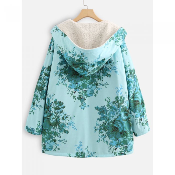 Thick Floral Print Long Sleeve Hooded Coat For Women