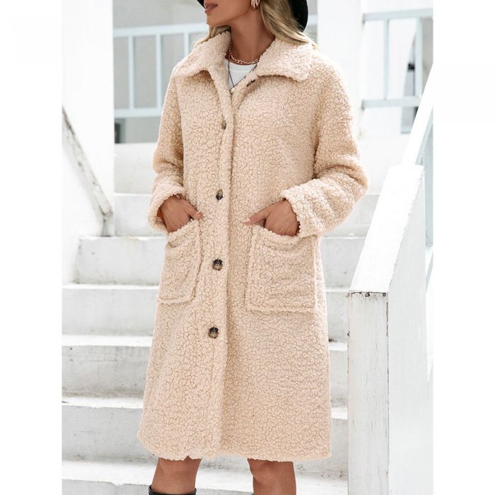 Solid Pocket Button Teddy Plush Lapel Long Sleeve Coat