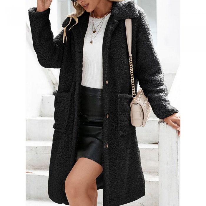 Solid Pocket Button Teddy Plush Lapel Long Sleeve Coat