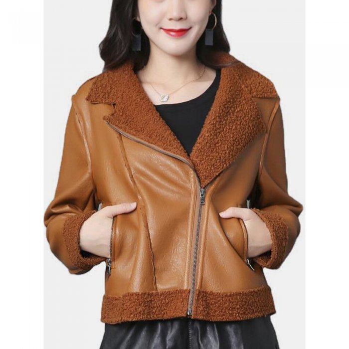 Solid Color Zipper Pockets Leather Causal Coats for Women