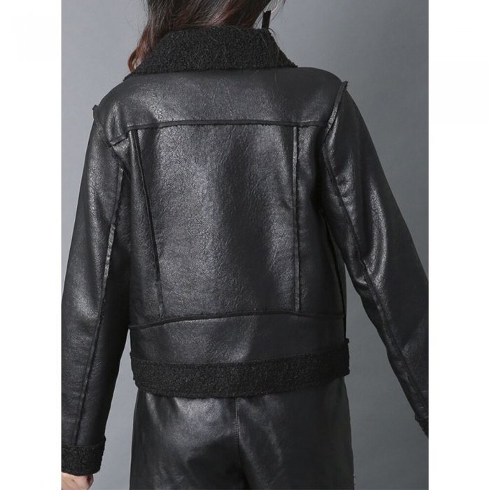 Solid Color Zipper Pockets Leather Causal Coats for Women