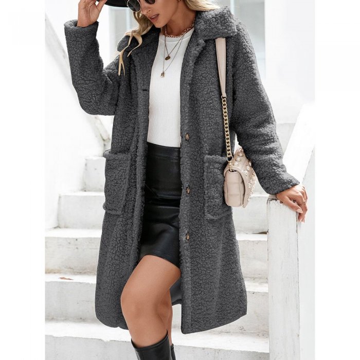 Solid Pocket Button Teddy Plush Lapel Long Sleeve Coat