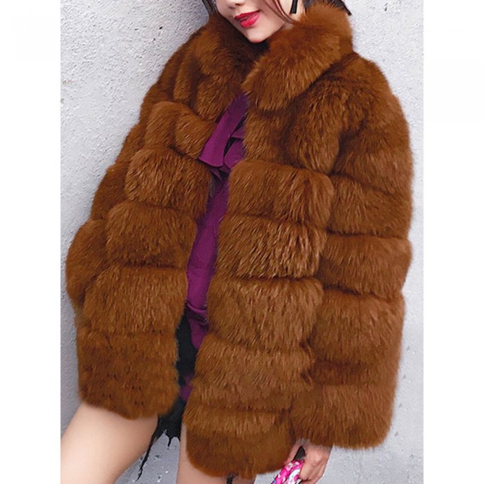 Faux Fur Solid Color Long Sleeve Stand Collar Coat For Women