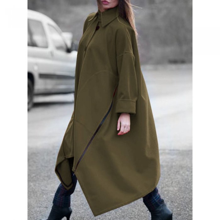 Solid Color Long Sleeve Lapel Collar Asymmetrical Coat For Women