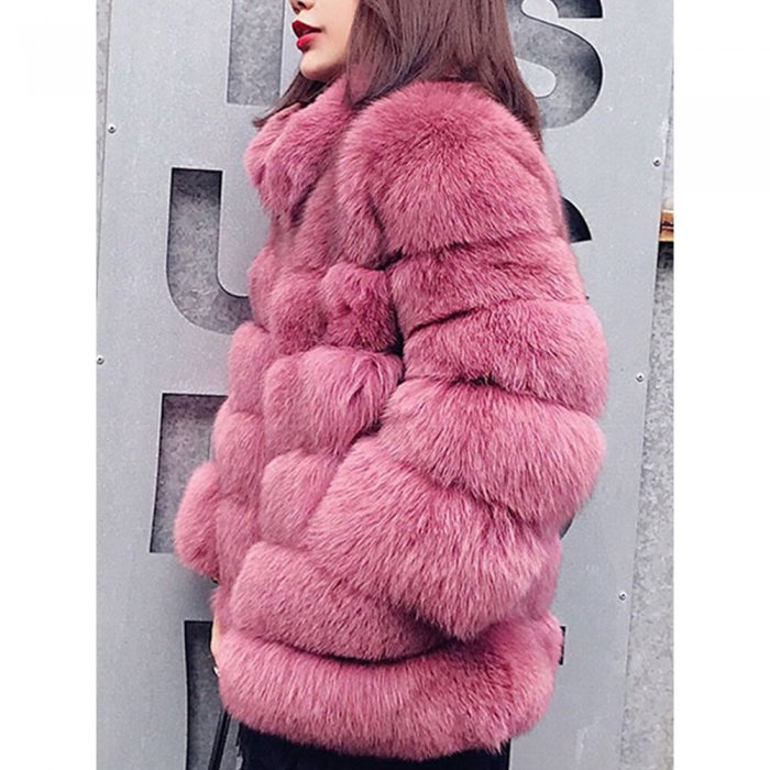 Faux Fur Solid Color Long Sleeve Stand Collar Coat For Women