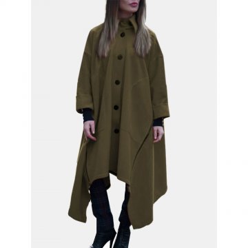 Solid Color Long Sleeve Lapel Collar Asymmetrical Coat For Women