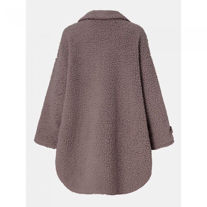 Solid Color Button Pocket Loose Casual Coat For Women