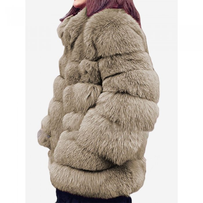 Faux Fur Solid Color Long Sleeve Stand Collar Coat For Women