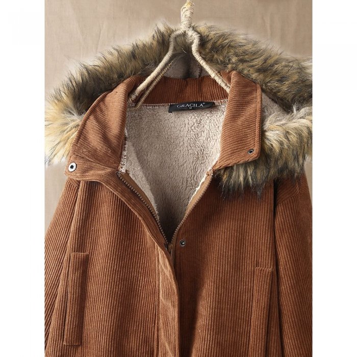 Corduroy Solid Color Plush Hooded Long Sleeve Coat