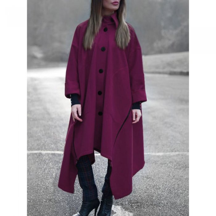 Solid Color Long Sleeve Lapel Collar Asymmetrical Coat For Women