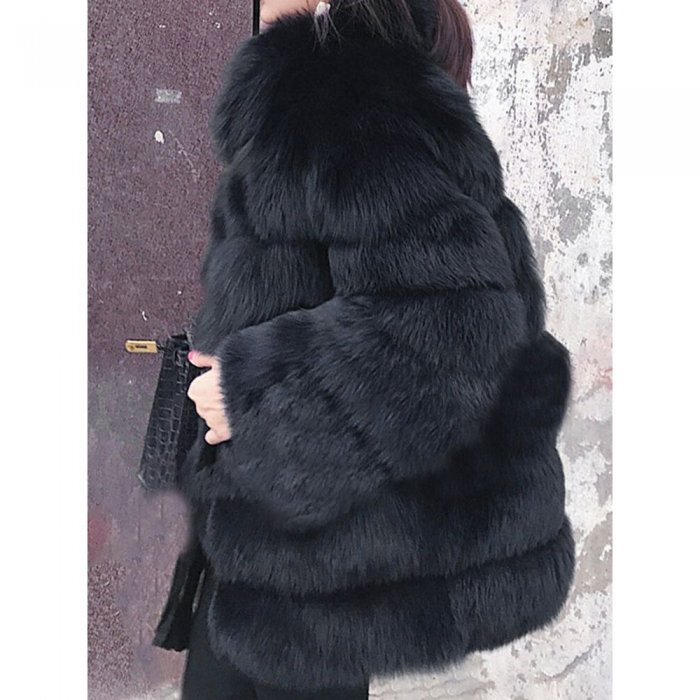 Faux Fur Solid Color Long Sleeve Stand Collar Coat For Women