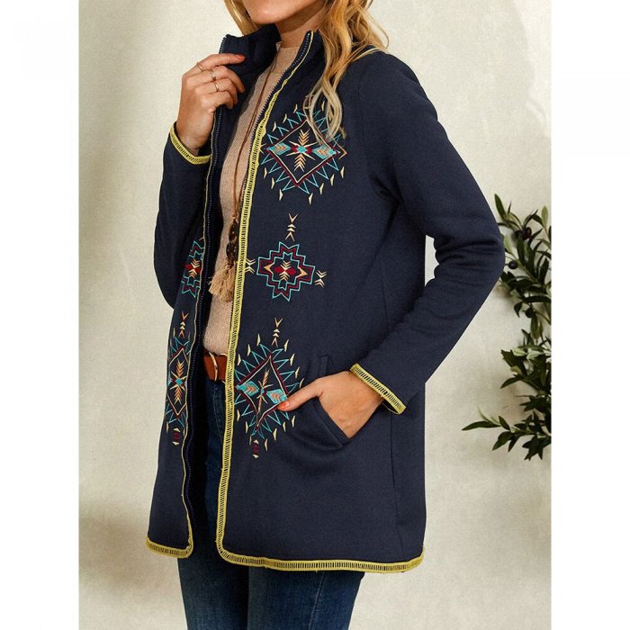 Vintage Embroidery Long Sleeve Stand Collar Coat For Women