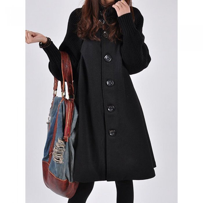 Solid Color Long Sleeve High Neck Patchwork Coat For Women