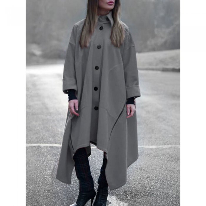 Solid Color Long Sleeve Lapel Collar Asymmetrical Coat For Women