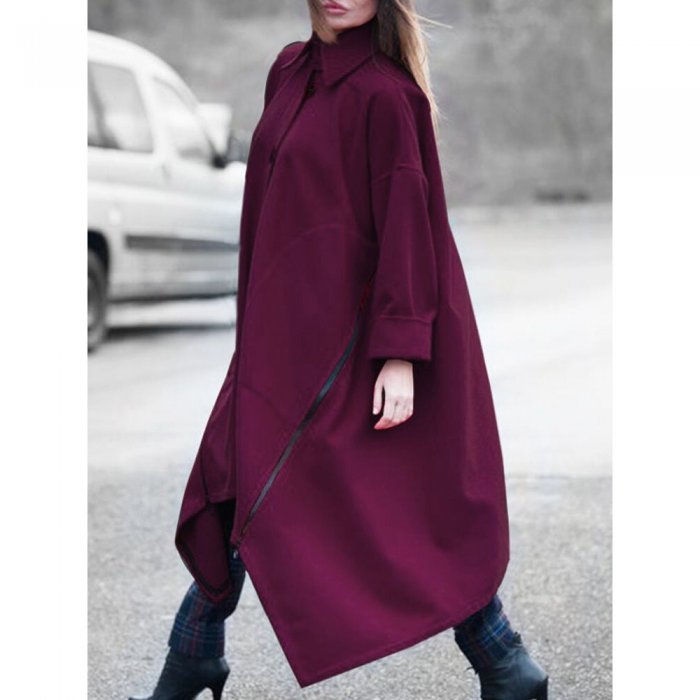 Solid Color Long Sleeve Lapel Collar Asymmetrical Coat For Women