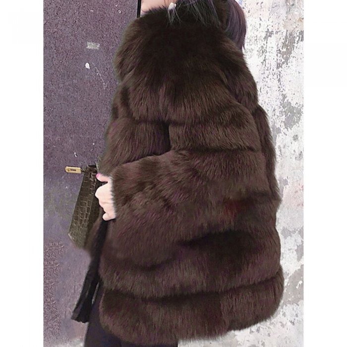 Faux Fur Solid Color Long Sleeve Stand Collar Coat For Women