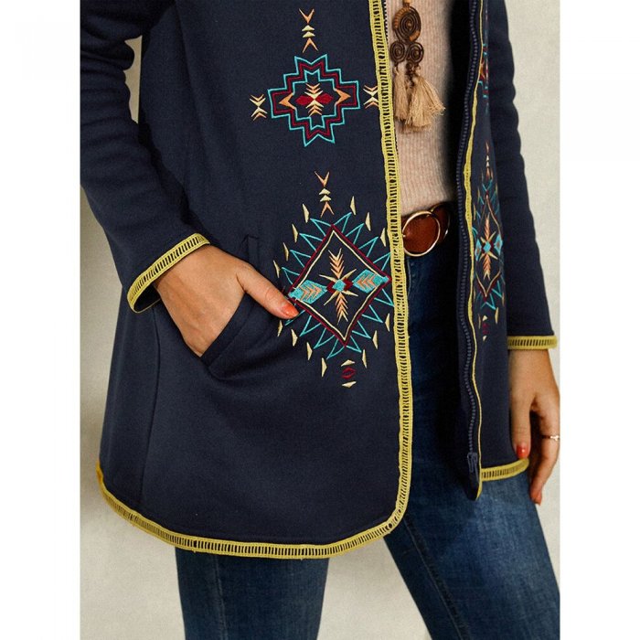 Vintage Embroidery Long Sleeve Stand Collar Coat For Women