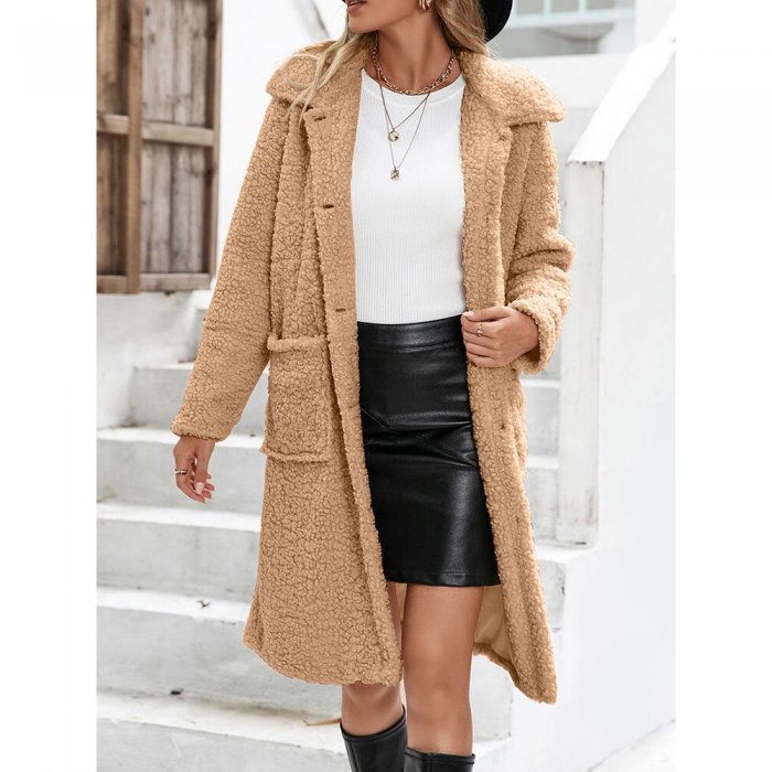 Solid Pocket Button Teddy Plush Lapel Long Sleeve Coat